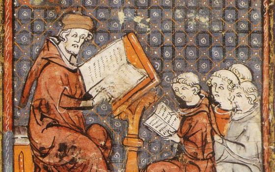 A 14th-century French illumination depicts a class in philosophy. (Wikimedia Commons)