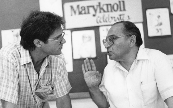 Then-NCR editor Tom Fox and Dominican Fr. Gustavo Gutiérrez at the World Gathering Conference of Liberation Theology held July 14-17, 1988 at Maryknoll School of Theology, Maryknoll, New York. (NCR photo)