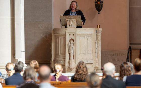 Rhonda Miska offers a Scripture reflection at St. Thomas More in St. Paul, Minnesota, during their September 2023 celebration of St. Phoebe. (Courtesy of Brennan Hall)