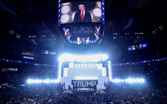 Republican presidential nominee and former U.S. President Donald Trump appears on stage July 18 to deliver his acceptance speech on the fourth and final day of the Republican National Convention at the Fiserv Forum in Milwaukee. (OSV News/Reuters/Mike Segar)