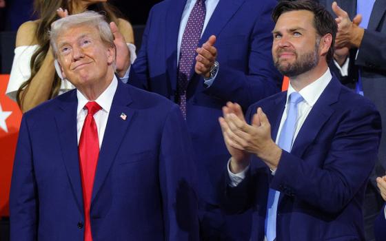 publican presidential nominee and former President Donald Trump joins Republican vice presidential nominee Sen. JD Vance of Ohio during Day 1 of the Republican National Convention at the Fiserv Forum, July 15 in Milwaukee. (OSV News/Reuters/Brian Snyder)