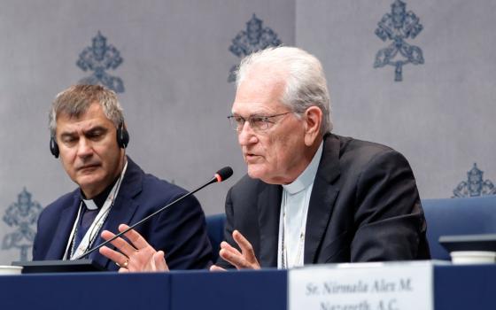 Steiner shown sitting and blue-clothed press conference table speaking into microphone; behind is a background emblazoned with the Vatican's coat-of-arms.