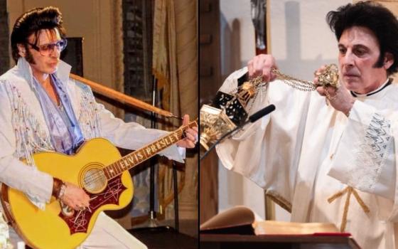 Combination photo: on left Liguori wears Elvis costume and plays guitar; on right he is vested as acolyte and swings thurifer.