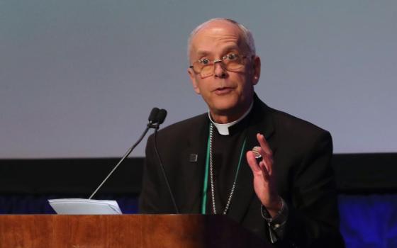 Bishop Mark Seitz of El Paso, Texas, speaks during a Nov. 13 session of the fall general assembly of the U.S. Conference of Catholic Bishops in Baltimore. Seitz, the bishops' migration chair, said the U.S. church will try to reshape the national narrative on migration to one that is more welcoming. (OSV News/Bob Roller)