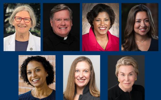 Top row, from left: Social Service Sr. Simone Campbell, Jesuit Fr. Greg Goethals, Cynthia Bailey Manns and Rumi Morales. Bottom row, from left: Michele Murray, Meg Nodzon and Jeanne Ruesch.