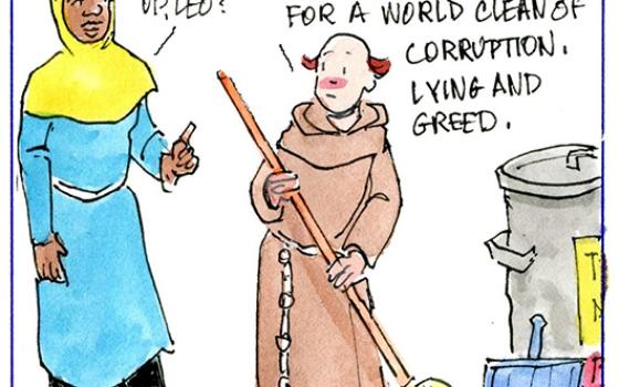 Francis, the comic strip: This week Leo channels Dorothy Day and sweeps up.