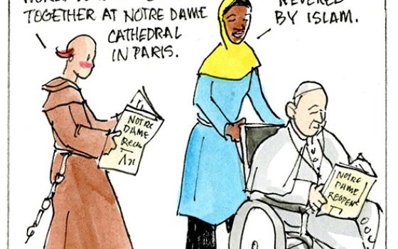 Francis, the comic strip: For a brief moment, world leaders came together at Notre Dame Cathedral in Paris.