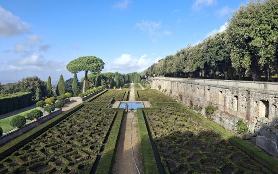 Aerial view of long topiary section. 