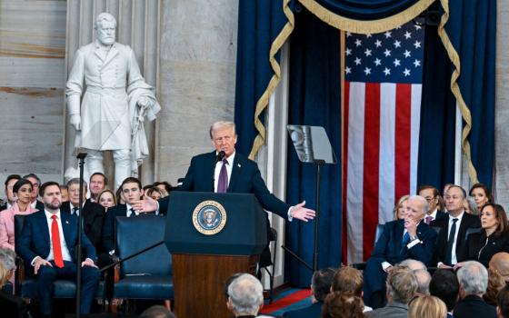 U.S. President Donald J. Trump speaks after being sworn in during his inauguration as the 47th president of the United States inside the Rotunda of the U.S. Capitol building in Washington Jan. 20, 2025. (OSV News photo/Kenny Holston, pool via Reuters)