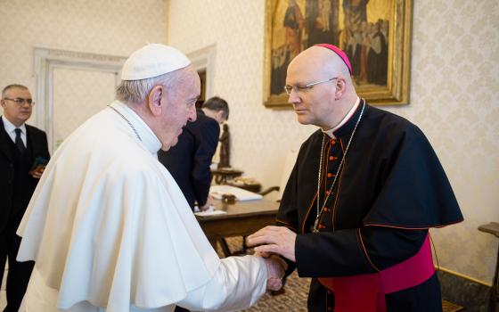 Pope Francis greets Bishop Edward J. Weisenburger of Tucson, Ariz., during a meeting with U.S. bishops at the Vatican Feb. 13, 2020. The bishops were making their "ad limina" visits to the Vatican to report on the status of their dioceses to the pope and Vatican officials. (CNS photo/Vatican Media)