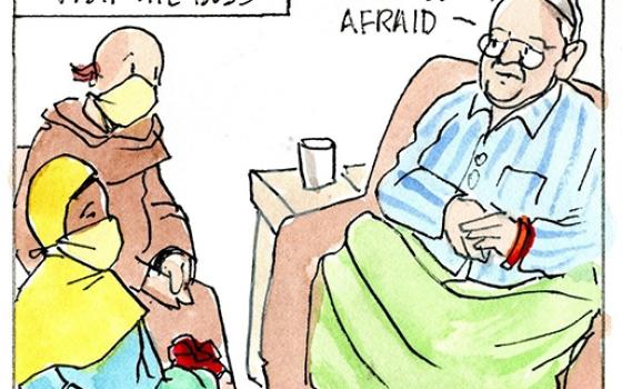 Francis, the comic strip: The papal assistants visit the boss in the hospital.