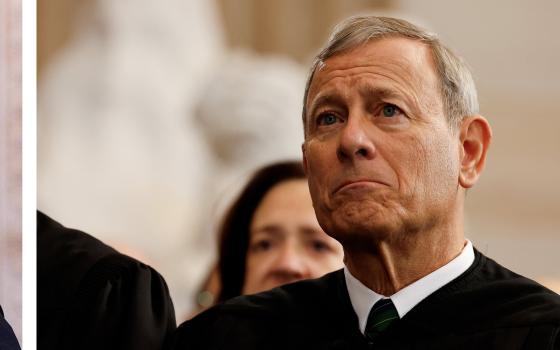 Trump and Roberts: U.S. President Donald Trump is pictured during a news conference at the White House in Washington Feb. 24, 2025, and Chief Justice John Roberts attending Trump's inauguration ceremonies in the Rotunda of the U.S. Capitol in Washington Jan. 20