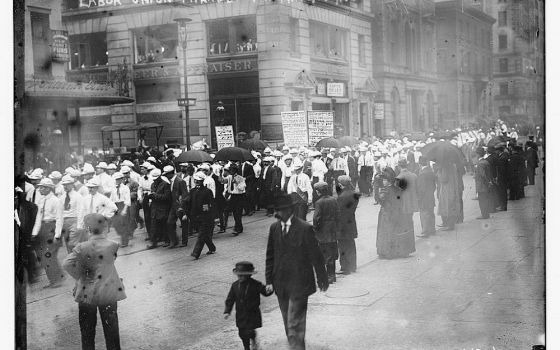 The 1911 May Day parade in New York City parade paid special tribute to the victims of the recent Triangle Waist Co. fire about two months earlier. (Library of Congress/Bain News Service collection)