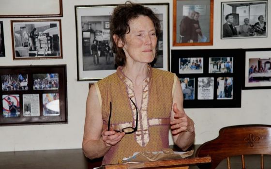 Plowshares activist Clare Grady speaks at the Los Angeles Catholic Worker on Oct. 3, 2018. (Mike Wisniewski)