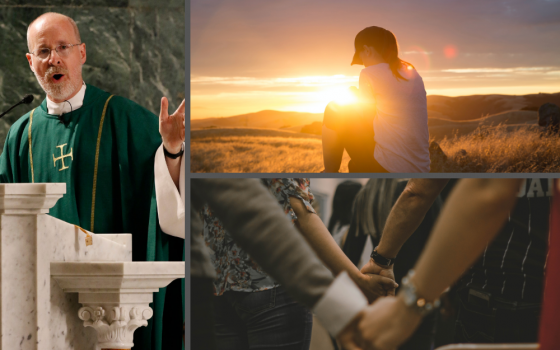 Jesuit Fr. James Martin, left, pictured in a 2019 photo, is the author of the new book "Learning to Pray: A Guide for Everyone." (Photos, clockwise: CNS/Gregory A. Shemitz; Unsplash/Jude Beck; Unsplash/Pedro Dias)