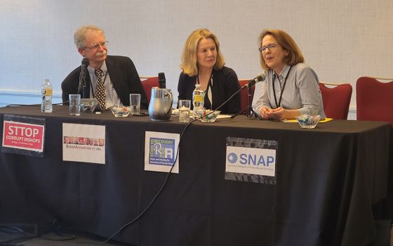 From left: Terence McKiernan, Margery Eagan, and Anne Barrett Doyle speak during a panel discussion at a June 4 conference in Quincy, Massachusetts, which was titled, "Pivot to the Future: Marking 20 Years of Confronting Clergy Sex Abuse." (NCR)