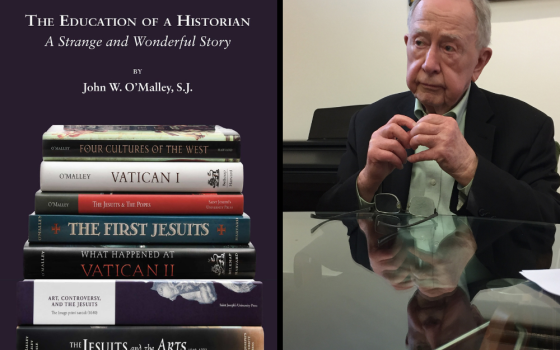 Cutline: The cover of 'The Education of a Historian: A Strange and Wonderful Story' by Jesuit Fr. John W. O'Malley; at right, O'Malley listens to a reporter's question in 2018. O'Malley died Sept. 11. (CNS photos/Courtesy of St. Joseph's University Press;