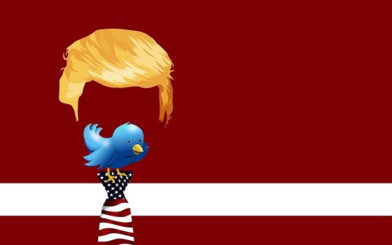 Image representing Donald Trump's hair, with a Twitter bird perched on a necktie in the colors of the American flag (Pixabay/geralt)