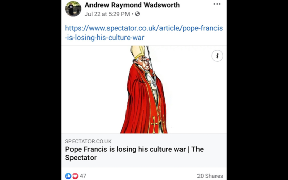 A posting on Msgr. Andrew Wadsworth's Facebook page sharing a critical Spectator essay that features a political cartoon version of a haughty-looking Pope Francis. (NCR screenshot)