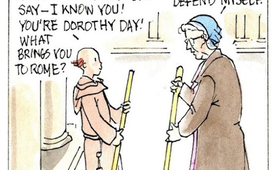 Francis, the comic strip: Brother Leo and Dorothy Day get to work cleansing the temple.