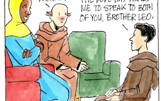 Francis, the comic strip: Brother Fabio has a heart-to-heart with Gabriella and Leo