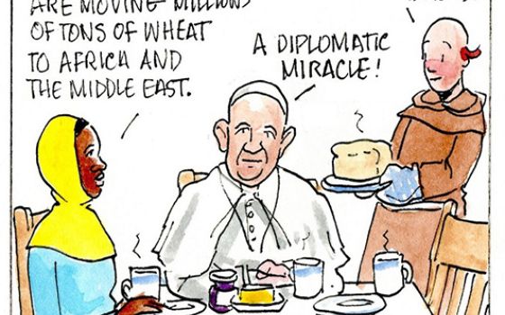 Francis, the comic strip: Grain ships are moving tons of wheat to Africa and the Middle East — a diplomatic miracle!