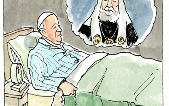 Francis, the comic strip: Francis has the Patriarch Kirill dream again.