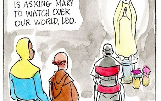 Francis, the comic strip: Francis asks Mary to watch over our world.