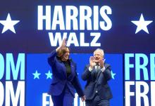 Vice President and Democratic presidential candidate Kamala Harris and her running mate Minnesota Gov. Tim Walz hold a campaign rally Aug. 20 in Milwaukee. (OSV News/Reuters/Kevin Lamarque)