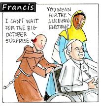 Francis, the comic strip: Gabby and Brother Leo are looking forward to a surprising October. 