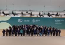 World leaders, including Cardinal Pietro Parolin, Vatican secretary of state, who is standing in the middle of the penultimate row, attend the opening ceremony of the COP29 Leaders Climate Action Summit, Nov. 12 in Baku, Azerbaijan. (CNS/Courtesy of UN Climate Change/Kiara Worth)