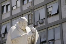 A statue of St. John Paul II is seen outside of Rome's Gemelli hospital June 8, 2023, where Pope Francis is staying after undergoing surgery to treat a hernia June 7. Because of his frequent visits over his three-decade pontificate, the Polish pope affectionately called the hospital "the third Vatican" after his second "home" at the papal summer residence in Castel Gandolfo outside of Rome. (CNS photo/Justin McLellan)