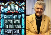 At left, one of the Beatitudes, displayed in a church window; at right, Benedictine Sr. Joan Chittister in 2018 (CNS/Crosiers; NCR photo/Toni-Ann Ortiz)