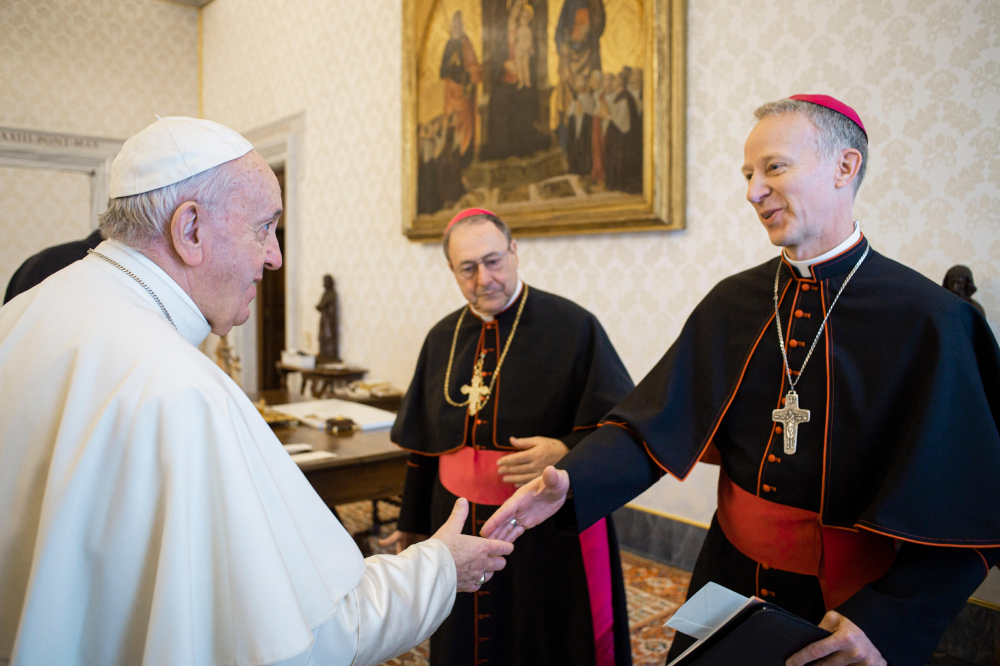 Pope Francis greets Bishop William Wack of Pensacola-Tallahassee, Florida, during a meeting with U.S. bishops from Florida, Georgia, North Carolina and South Carolina at the Vatican Feb. 13, 2020. (CNS/Vatican Media) 